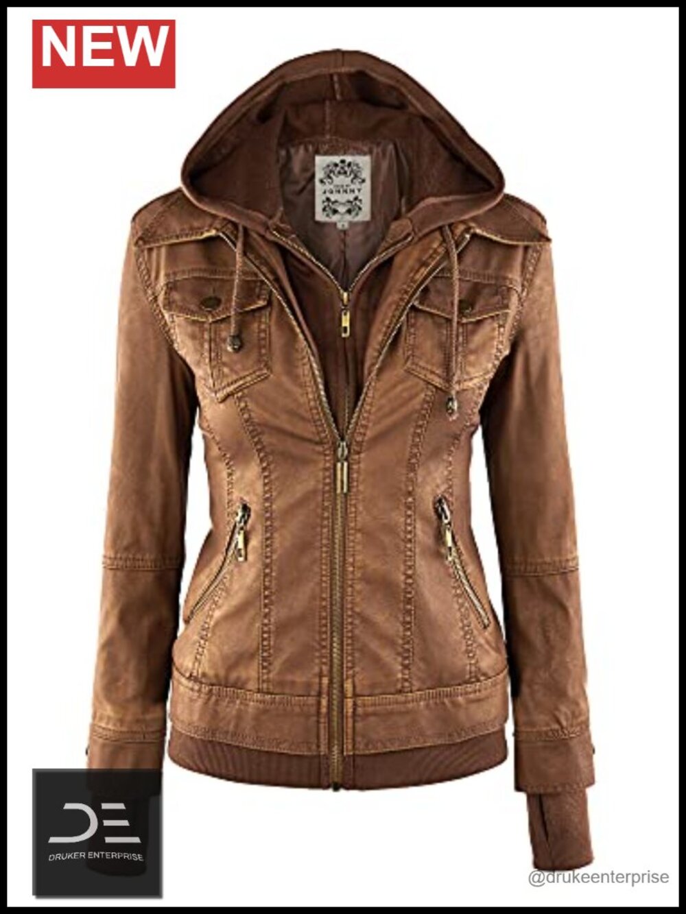 Faux Leather Moto Jacket Removable Hood Zipper Pockets Long Sleeve